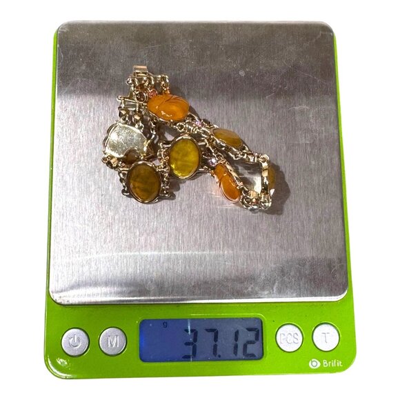 Vintage Gold Leaf Amber Lucite Gemstone Artisan Bracelet Carved Intricate Design - Picture 6 of 8